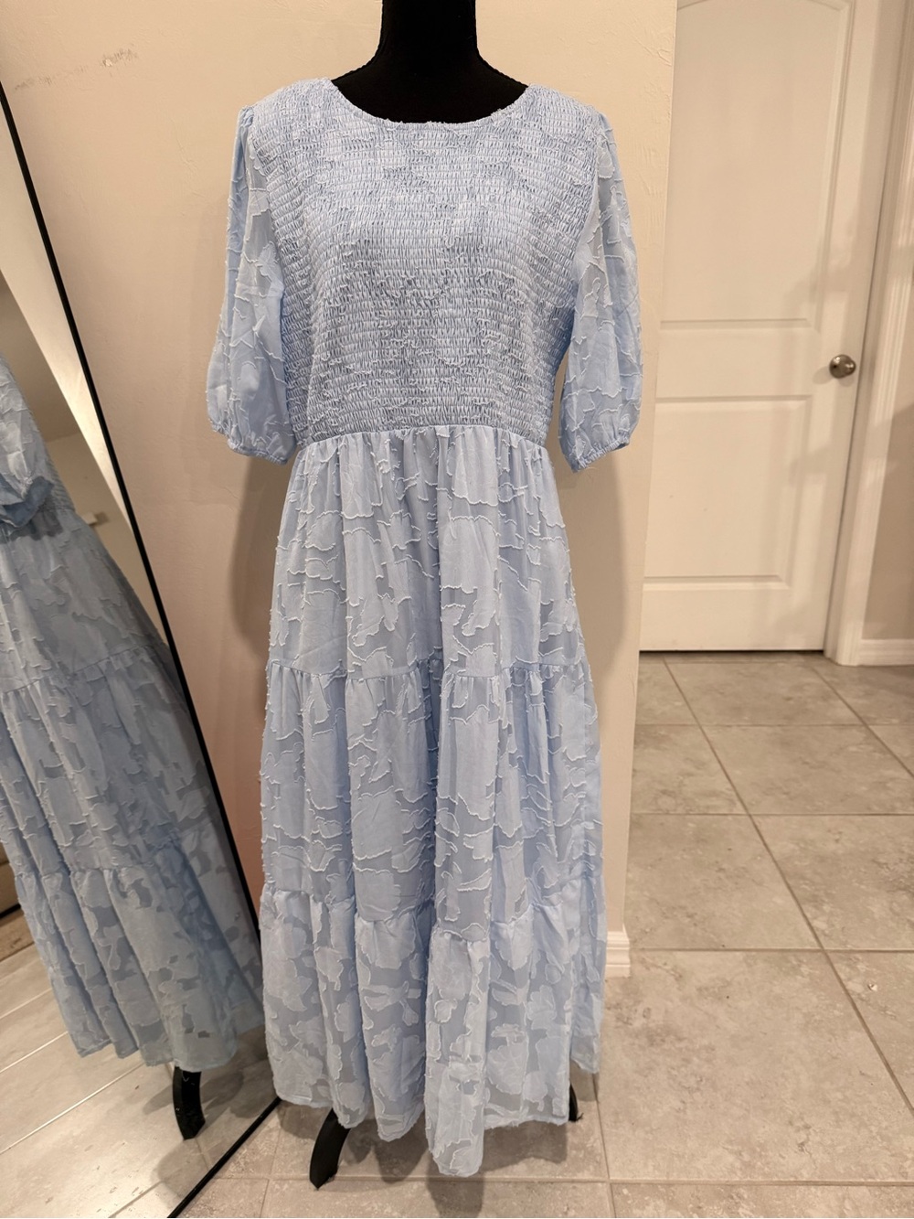Light Blue Smocked Maxi Dress Floral Textured Puff Sleeve Tiered Cottagecore